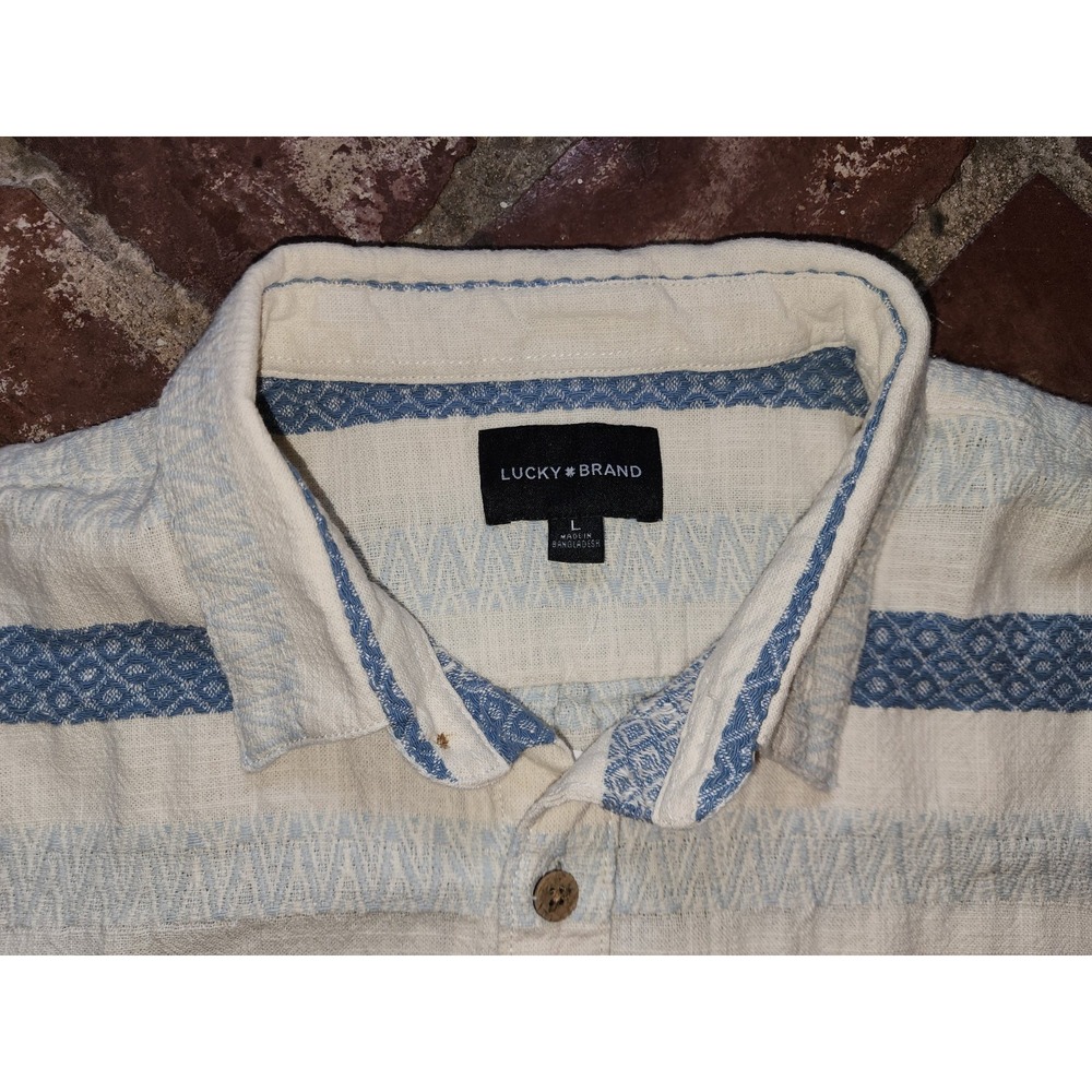Lucky Brand Cotton Button Up Shirt Mens Large Beige Blue Stripe Short Sleeve - Picture 4 of 6